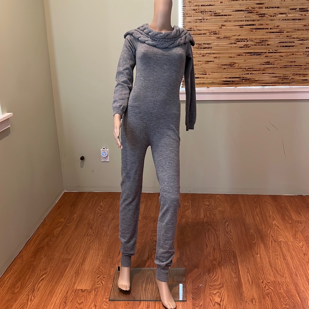 Akira Gray Knit Jumpsuit With Cowl Neck Collar Size L